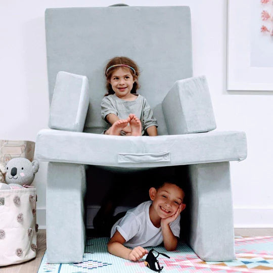air chair play couch build in light grey with 2 young kids smiling
